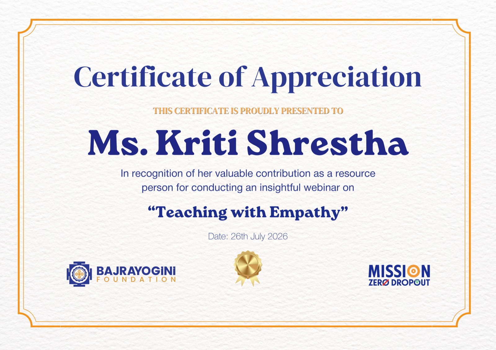 Certificate of Appreciation presented to Ms. Kriti Shrestha